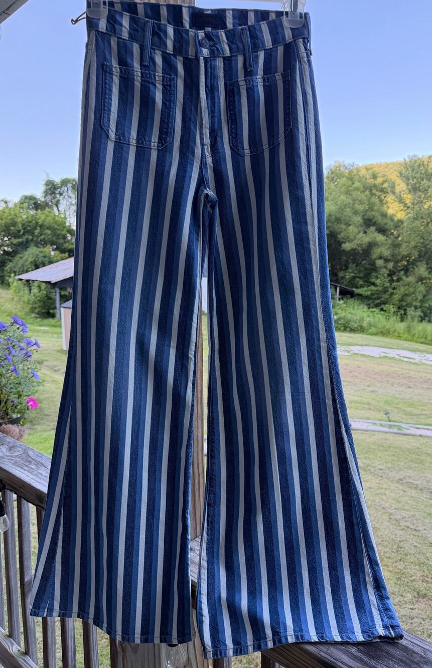 MOTHER Patch Pocket Twister Sneak Jeans Striped Wide-Leg 24 Coastal Old Money